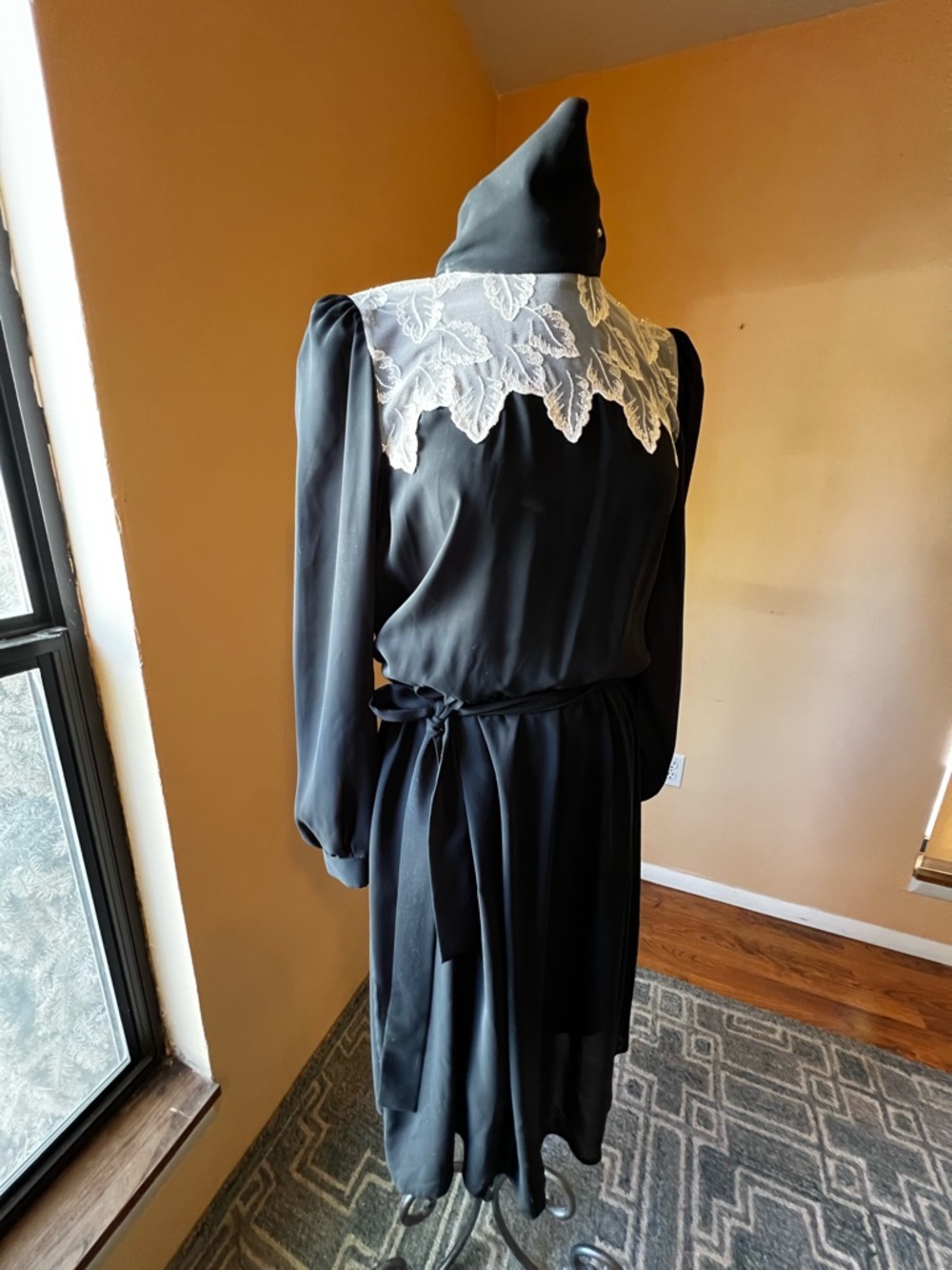 Black Long-Sleeve Dress with White Lace Yoke